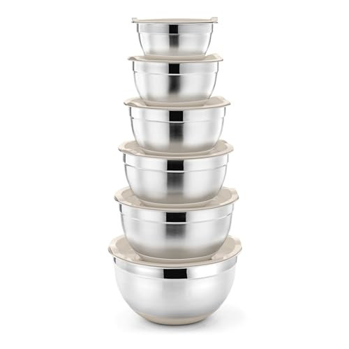 P&P CHEF Mixing Bowls With Lids, Set of 6, Stainless Steel Nesting Mixing Bowls & Fitting Lids & Non-Slip Silicone Bottom, Ideal for Mixing, Storing, Size 0.7/1/1.5/2.5/3/4.6 Qt, Khaki | Amazon (US)