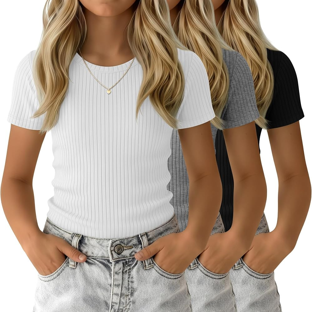 3 Pack Girls' Shirts Cute Basic Tees Tween Summer Ribbed Top Teens Short Sleeve Vacation T-Shirt ... | Amazon (US)