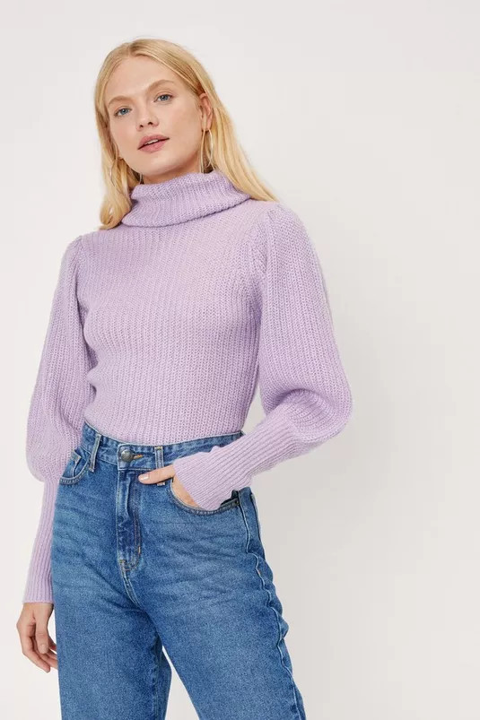 Roll Neck Puff Sleeve Soft Knit Sweater | Nasty Gal (US)