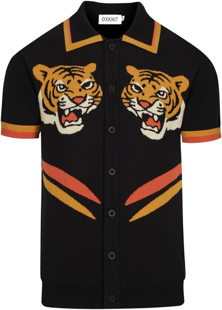 OXKNIT Men's Knit Polo Shirt, Retro Tiger Pattern Cardigan Polo Button Down Short Sleeve Shirt, D... | Amazon (US)