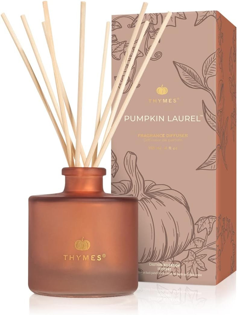Thymes Petite Oil Reed Diffuser Set – Includes Reed Diffuser Sticks, Fragrance Oil, & Glass Bottle – Luxury Home Decor – Fall Decor – Fall Scents – Burnt Orange (Pumpkin Laurel, 4 fl oz) | Amazon (US)