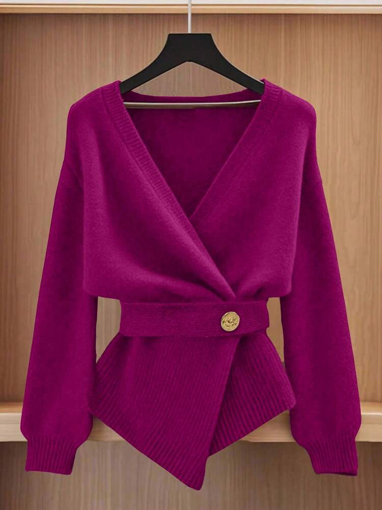 GlowEve Women's Elegant Commuter Asymmetric Hem Wrap Cardigan | SHEIN