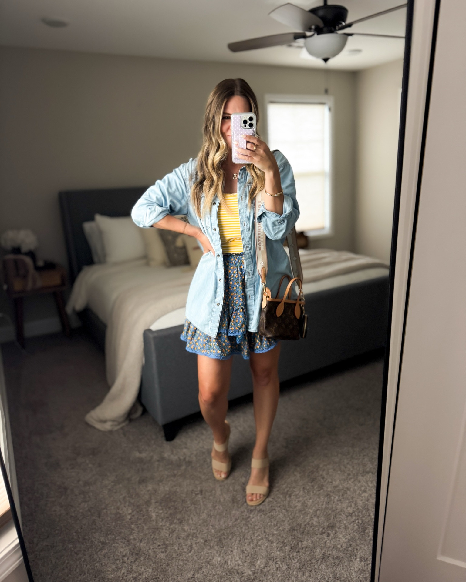Outfit of the day. I love this skirt because it has the built in shorts and comes in lots of cute prints. Worn with the tube top  and the denim button up for a little more coverage. Tube top and skirt fits true to size.

#LTKgrwm #LTKOver40 #LTKSeasonal