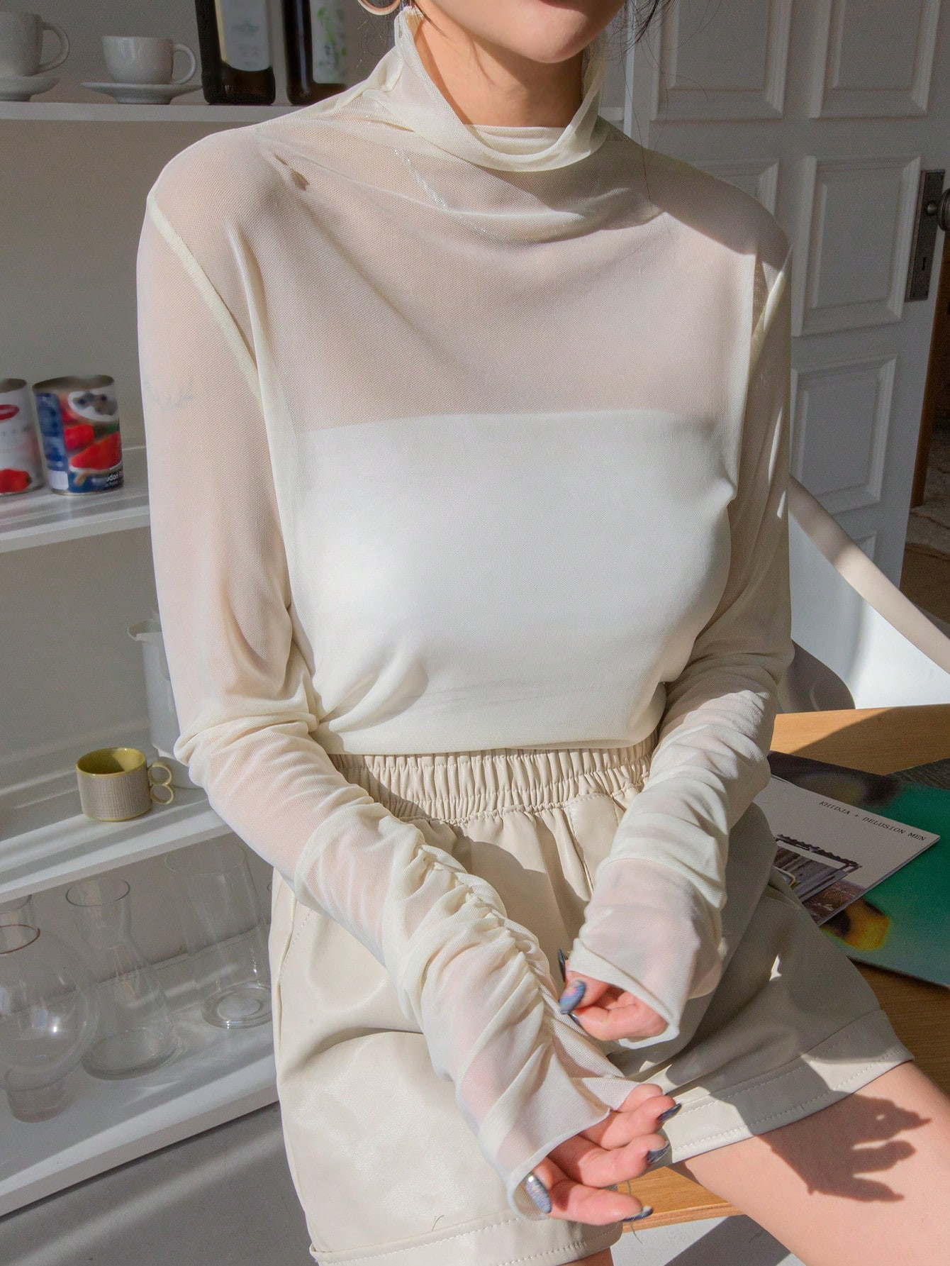 $5.10 DAZY Cowl Neck Mesh Top Without Tube Top Going Out Tops Sheer Long Sleeve Women Tops,Fall Women Clothes | SHEIN
