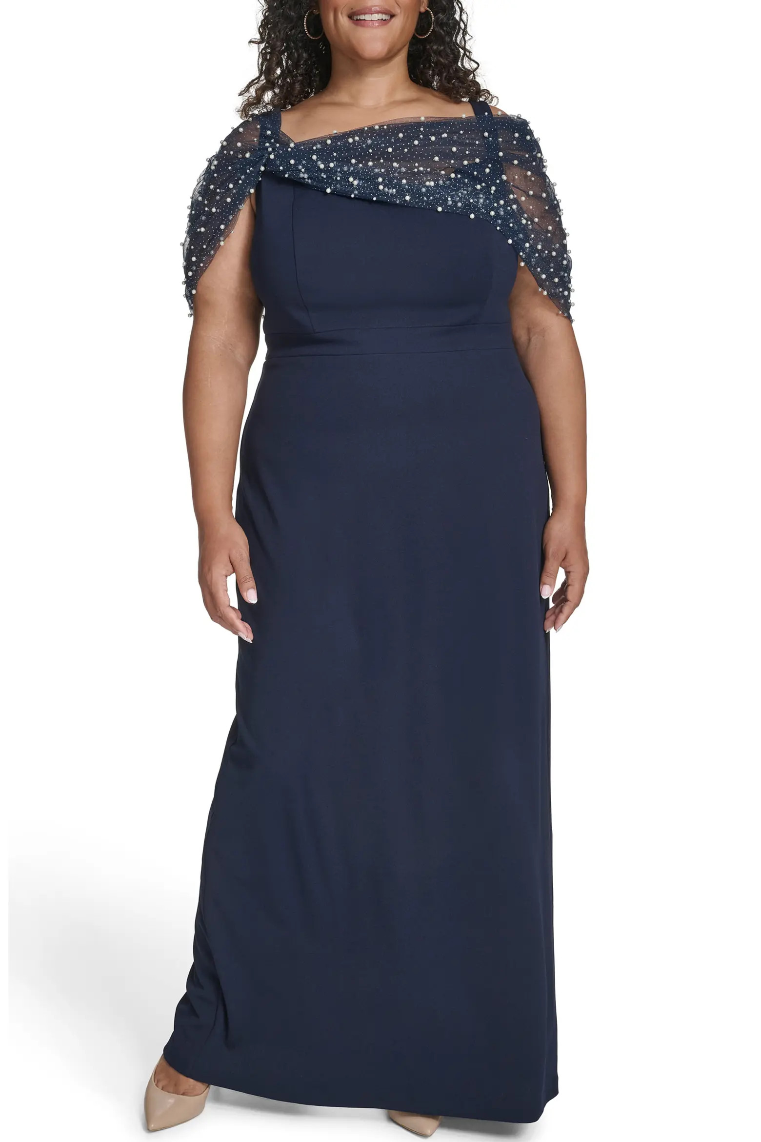 Beaded Mesh Overlay Crepe Column Gown (Women) | Nordstrom | Nordstrom