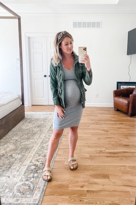OOTD. Love layers for the cool mornings and hot afternoons! Linked similar jackets (if you don’t have an olive utility jacket, it’s a closet staple!). And one of my favorite non maternity dresses. Also only Birkenstocks from here on out until baby comes 😆 #theswellisreal 

#fall #seasonal #transitional #fallwardrobe #maternity #bump #bumpinspo #bumpoutfit #pregnant #thirdtrimester #layers

#LTKSeasonal #LTKbump #LTKunder50