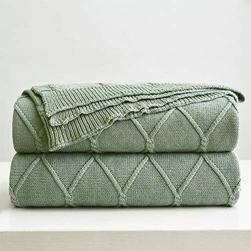 100% Cotton Sage Green Cable Knit Throw Blanket for Couch, Sofa with Bonus Laundering Bag for Cou... | Amazon (US)