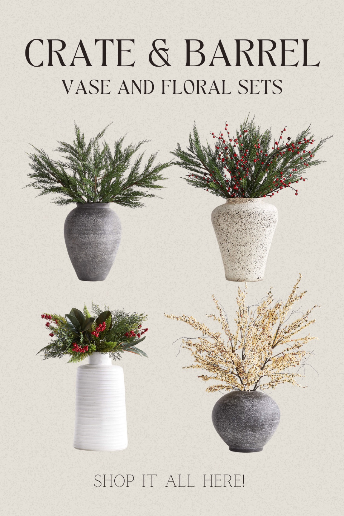 Crate and barrel holiday decor! 

Greenery
Wreaths
Faux florals
Pottery barn
Neutral home
Home decor finds
Amazon
Crate and barrel
Target
Cozy home
Christmas decor
Holiday decor
Decor favourites
Minimalist home
Area
Rugs
Loloi rugs
Vase decor
Neutral vases
Wall Art
Christmas trees
Holiday favourites 
Bedroom decor
Kitchen decor
Living room decor
Office decor 
Dining room decor 

#livingroomdecor #livingroommakeover #livingroomideas #livingroominspo #livingroomtips #livingroomtiktok #livingroomdecorinspiration #livingroomdecorationideas #livingroomdesign

#LTKSeasonal #LTKHoliday #LTKhome