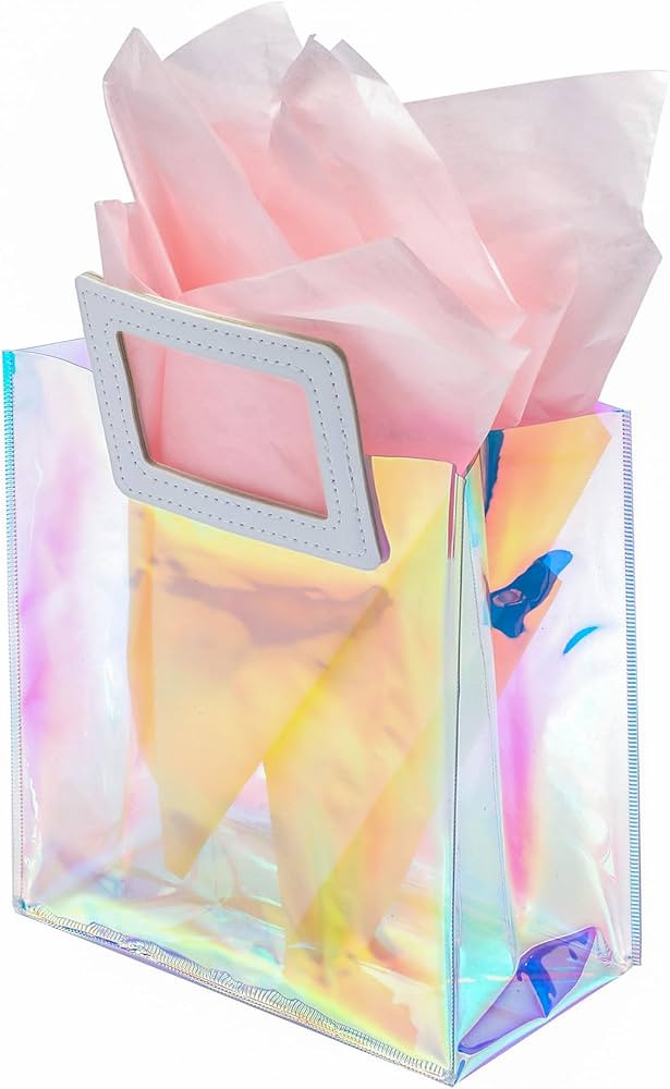 KeerxunBag 1 Pack Holographic Gift Bags with Handles & 2 Tissue Paper Sheets – Iridescent Trans... | Amazon (US)