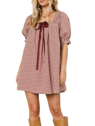 Women's Plaid Babydoll Short Dress Puff Sleeve Cute Tie Mini Dress Gingham Spring Dresses Red | Amazon (US)