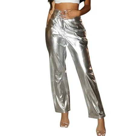 dmqupv Petite plus Size Pants Silver Metallic Straight Leg Pants For Women High Waist Sparkling Elas | Walmart (US)
