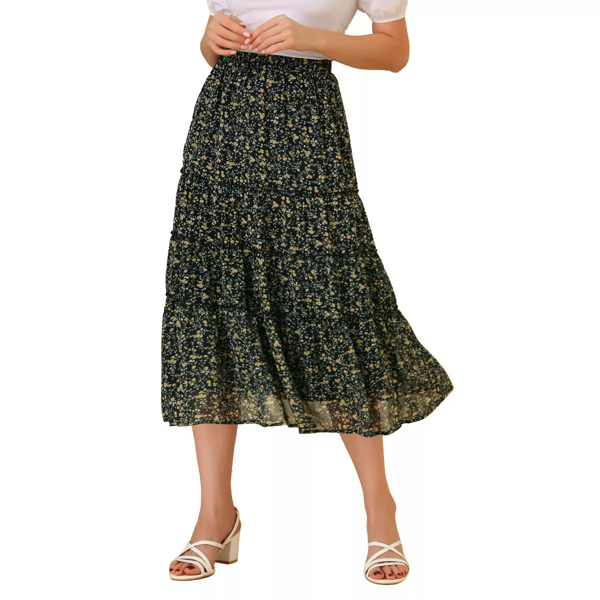 Allegra K Women's Floral Elastic Waist Tiered Ruffle Boho Midi Skirts | Target