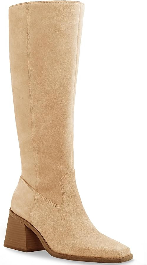 Coutgo Women's Knee High Boots Wide Calf Square Toe Chunky Heeled Pull-on Boot | Amazon (US)