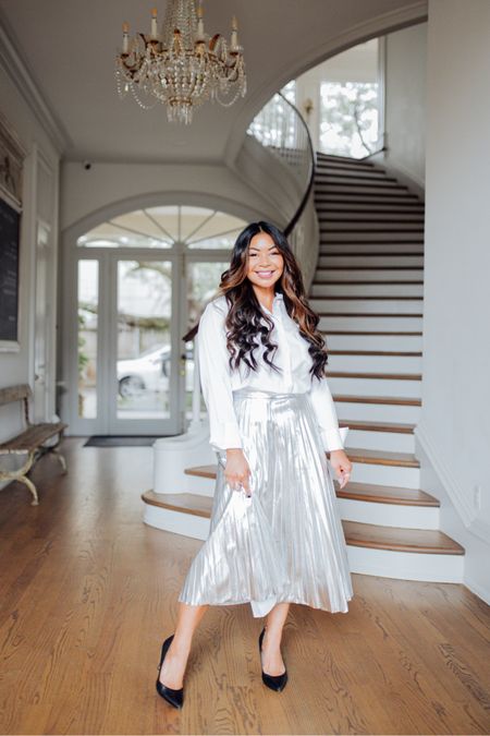 Head to toe in @walmartfashion 🤩 wearing a medium in the pleated skirt and white button down top  