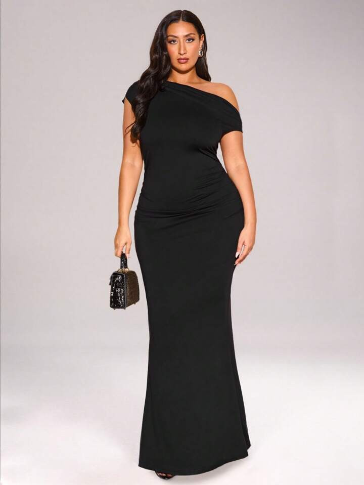 SHEIN BAE Plus Size Women's Spring/Summer Clothing, Elegant Asymmetric Asymmetrical Neck Maxi Fish Tail Dress For Casual Dates, Gatherings, Parties, Club Outfits, Halloween, Valentine's Day, Wedding Guest, Prom,Birthday Dresses For Women | SHEIN