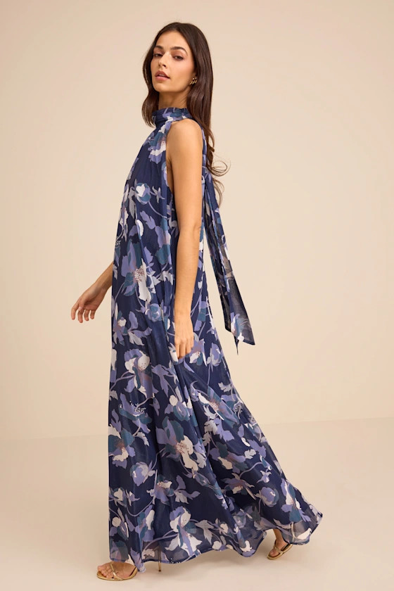 Sanza Navy Floral Halter Shift Maxi Dress | Lulus