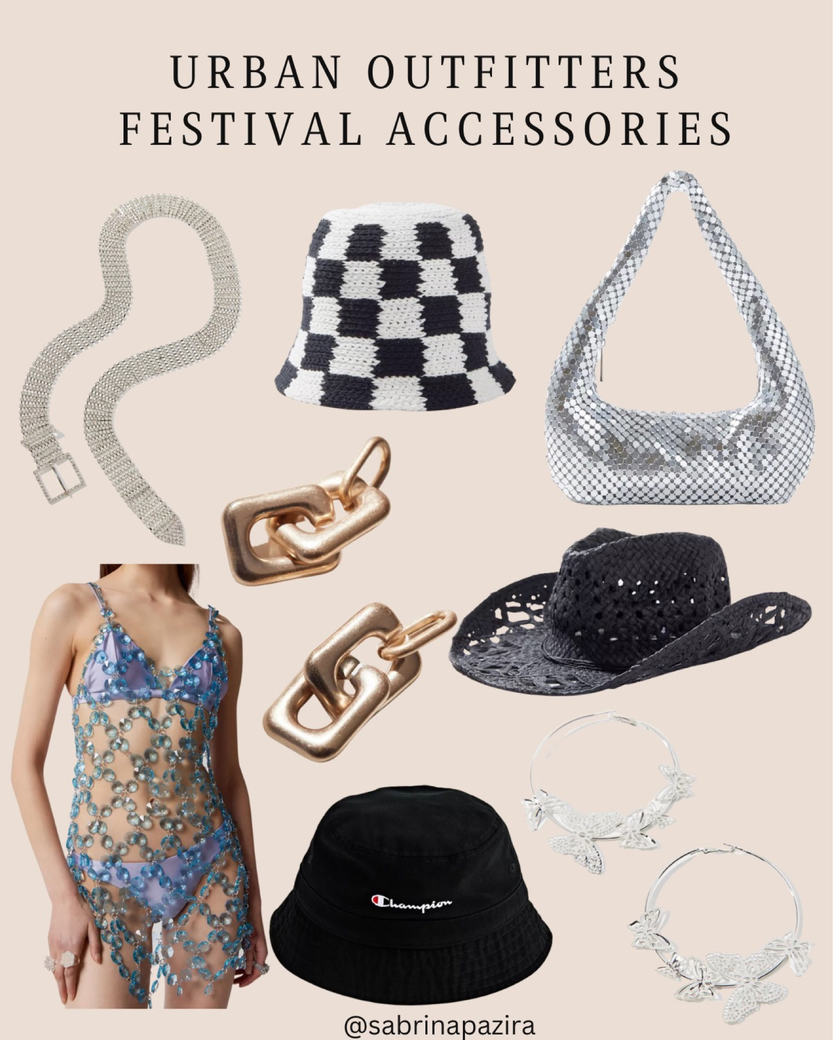 Urban outfitters festival accessories, bucket hat, rhinestone belt, metallic purse, cowboy hat, gold earrings, beaded dress, butterfly hoops 

#LTKunder100 #LTKstyletip #LTKSeasonal