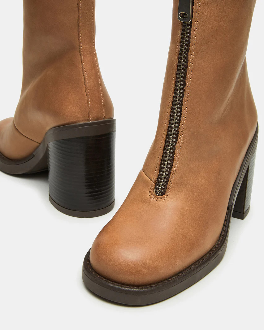 DECLAN Cognac Leather Block Heeled Ankle Boot | Women's Booties | Steve Madden (US)