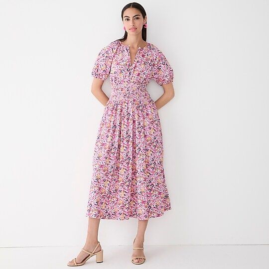 Puff-sleeve smocked-waist midi dress in floral fields | J.Crew US