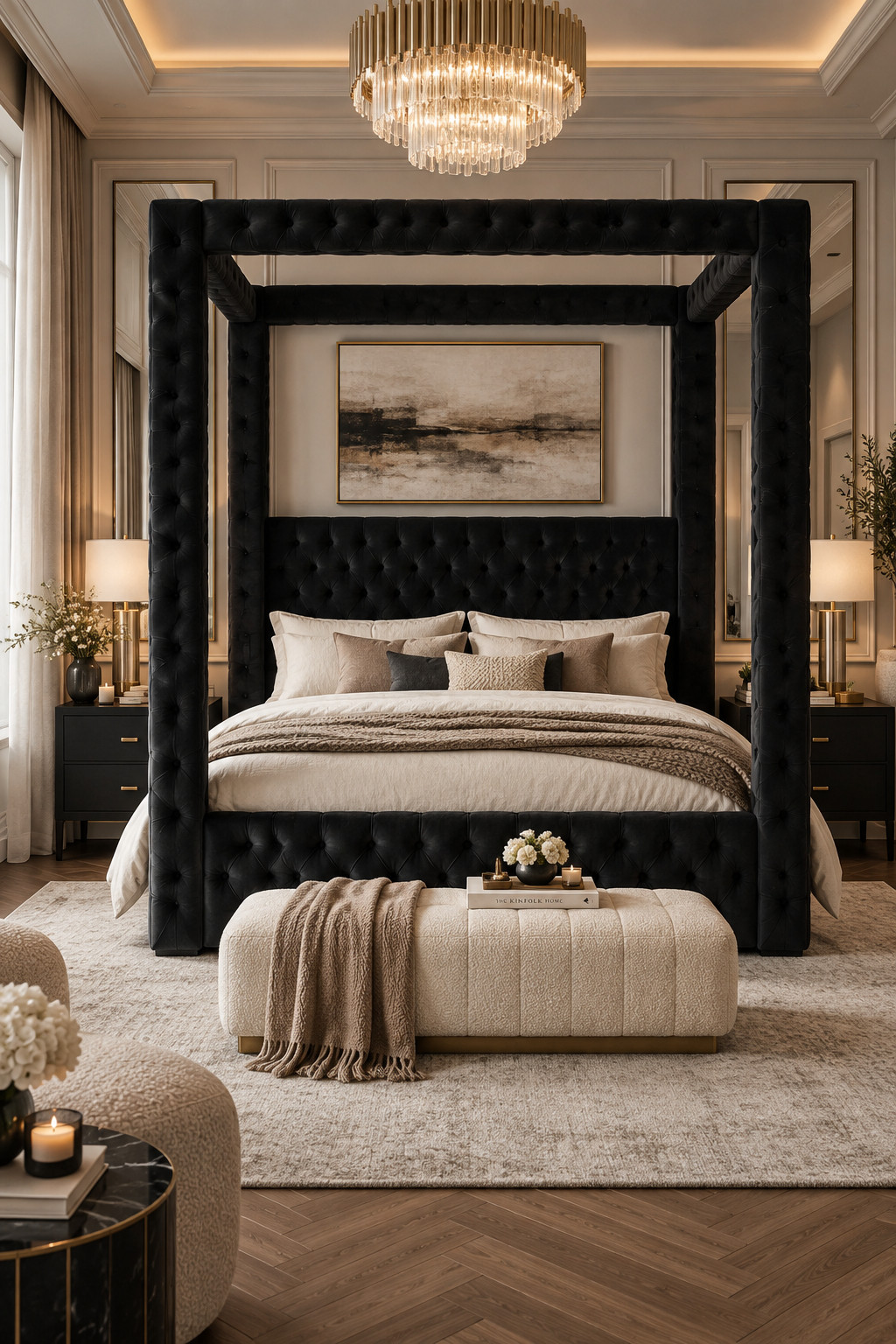Okayyy, if you want the bed to be the entire personality of the room, this is it. The oversized upholstered canopy is super dramatic and the black velvet makes it feel straight out of a luxury hotel. I honestly wouldn’t over-style this one because the bed already does so much visually — creamy bedding, simple nightstands, warm lamps, done. Such a statement piece for anyone who loves glam, moody interiors. #WayfairFind #CanopyBed #VelvetBed #LuxuryBedroom #GlamBedroom #BedroomGoals #StatementBed 

 #LTKSeasonal #LTKHome #LTKSaleAlert