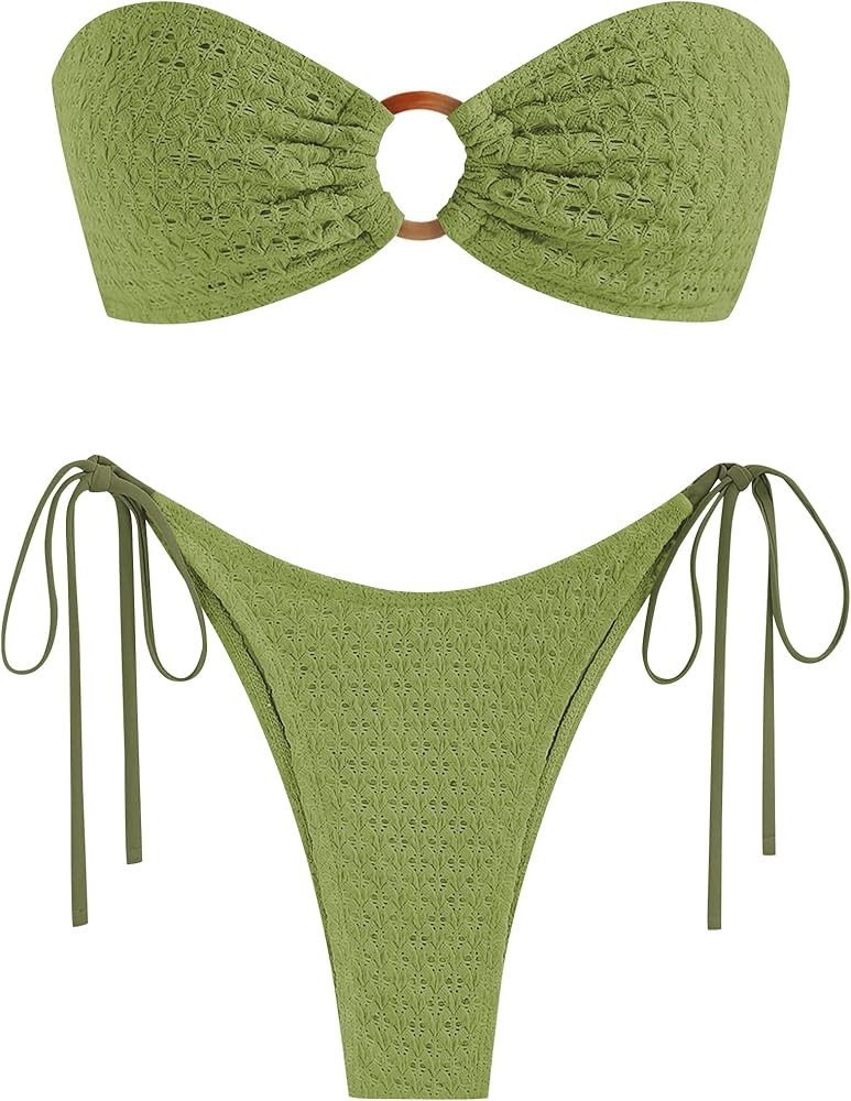 ZAFUL Women's Bandeau Bikini Strapless O Ring Lace Tie Back High Cut Two Piece Swimsuit Bathing S... | Amazon (US)