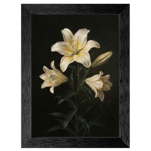 Elegant Framed White Lily Wall Art - Classic Chiaroscuro Botanical Oil Painting on Canvas - Premium Textured Black Frame - Sophisticated Floral Home Decor - Ready to Hang - 12x16 Inch | Amazon (US)