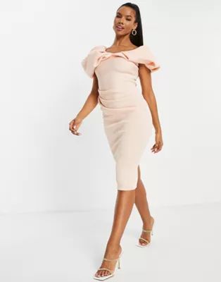 ASOS DESIGN bubble sleeve fallen shoulder pencil midi dress in pink | ASOS (Global)