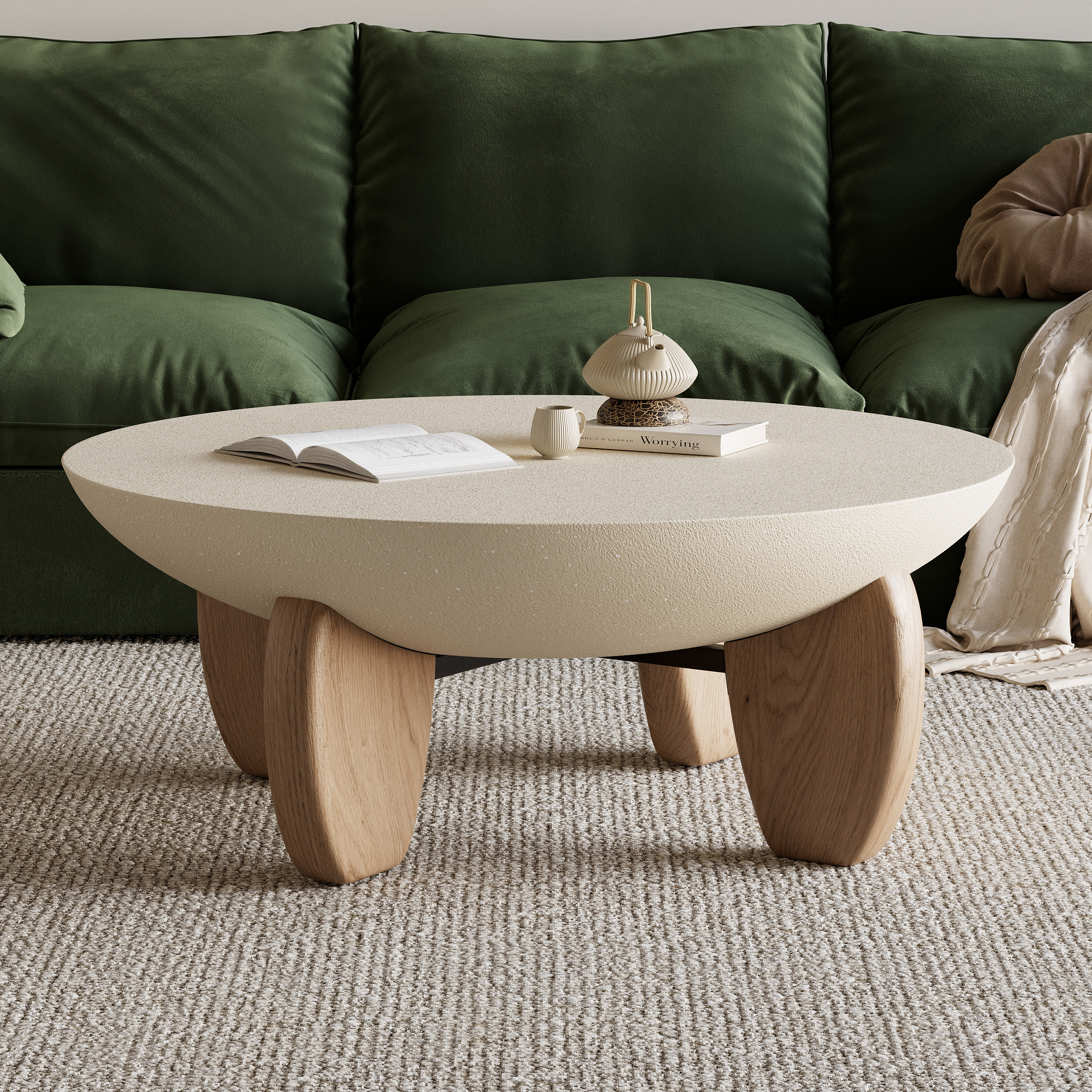 Curva Round Small Modern Beige & Natural Coffee Table Concrete & Wood Accent Table | Homary