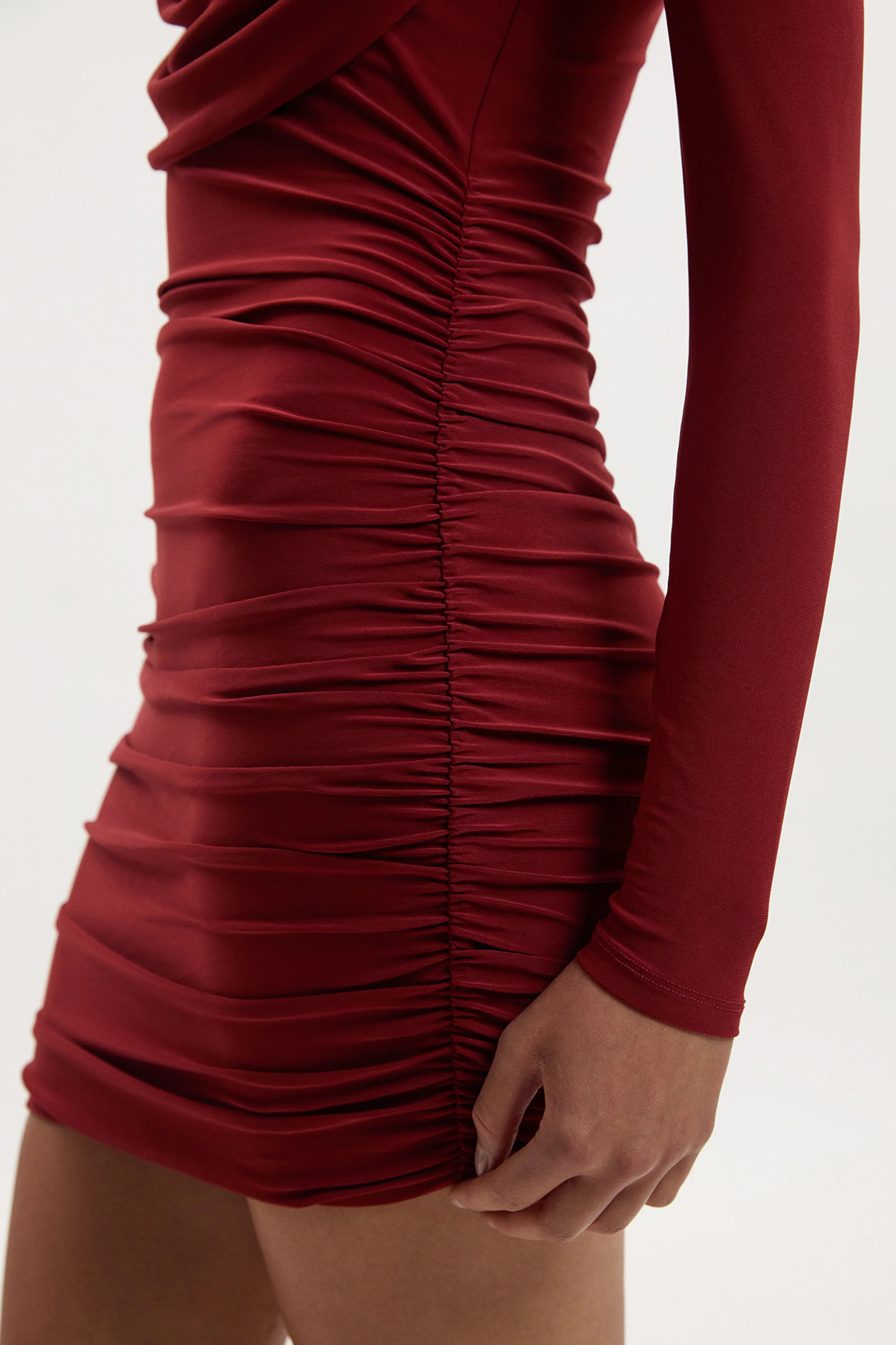 Stretch Drapey Crepe Ruched Plunge Neck Long Sleeve Mini Dress | Karen Millen UK + IE + DE + NL