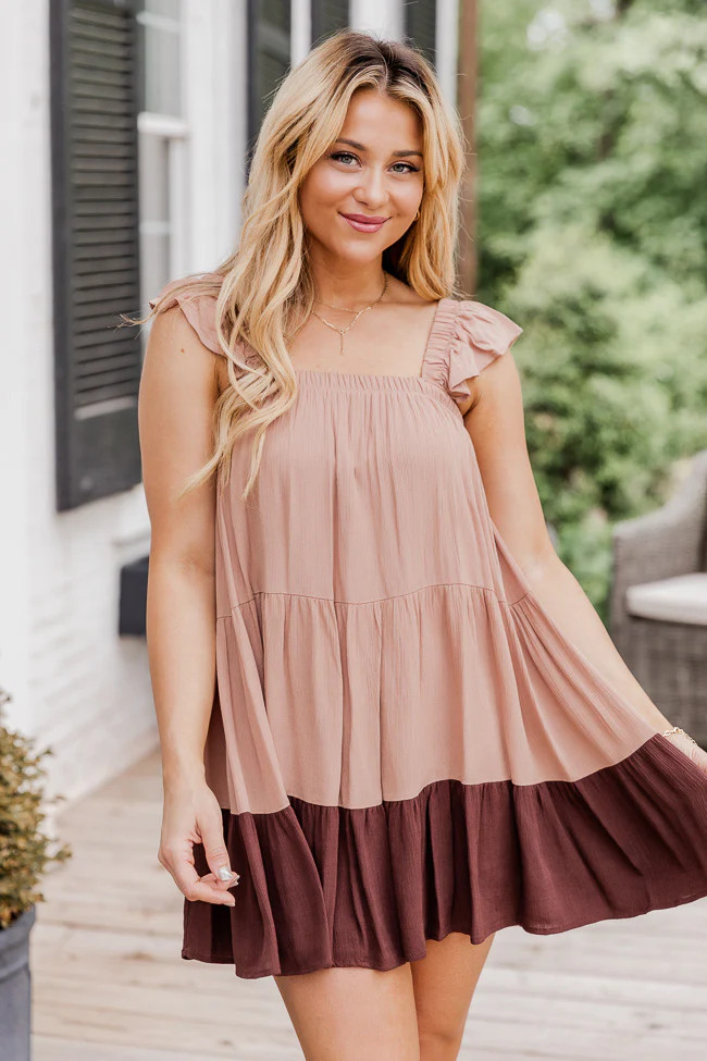 Breezy Walks Brown Colorblock Babydoll Mini Dress FINAL SALE | Pink Lily