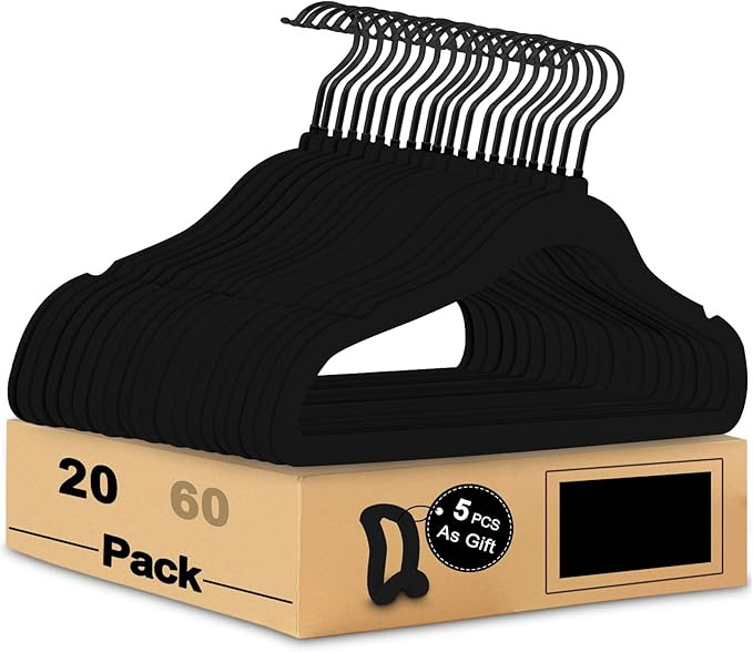 Black Velvet Hangers 20 Pack, 17.5 Inch Black Felt Hangers Non Slip Space Saving, Clothes Hangers... | Amazon (US)