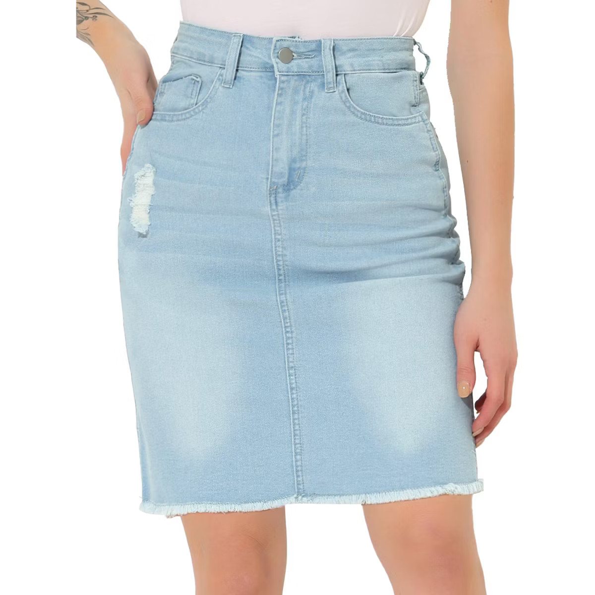 Allegra K Women's Basic Distressed High Waist Ripped Hem Washed Jeans Skirt Light Blue Small | Target
