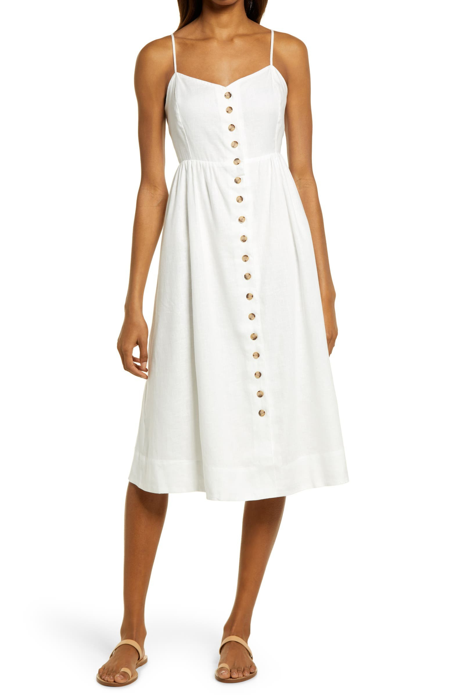 Button Front Linen Blend Midi Dress | Nordstrom