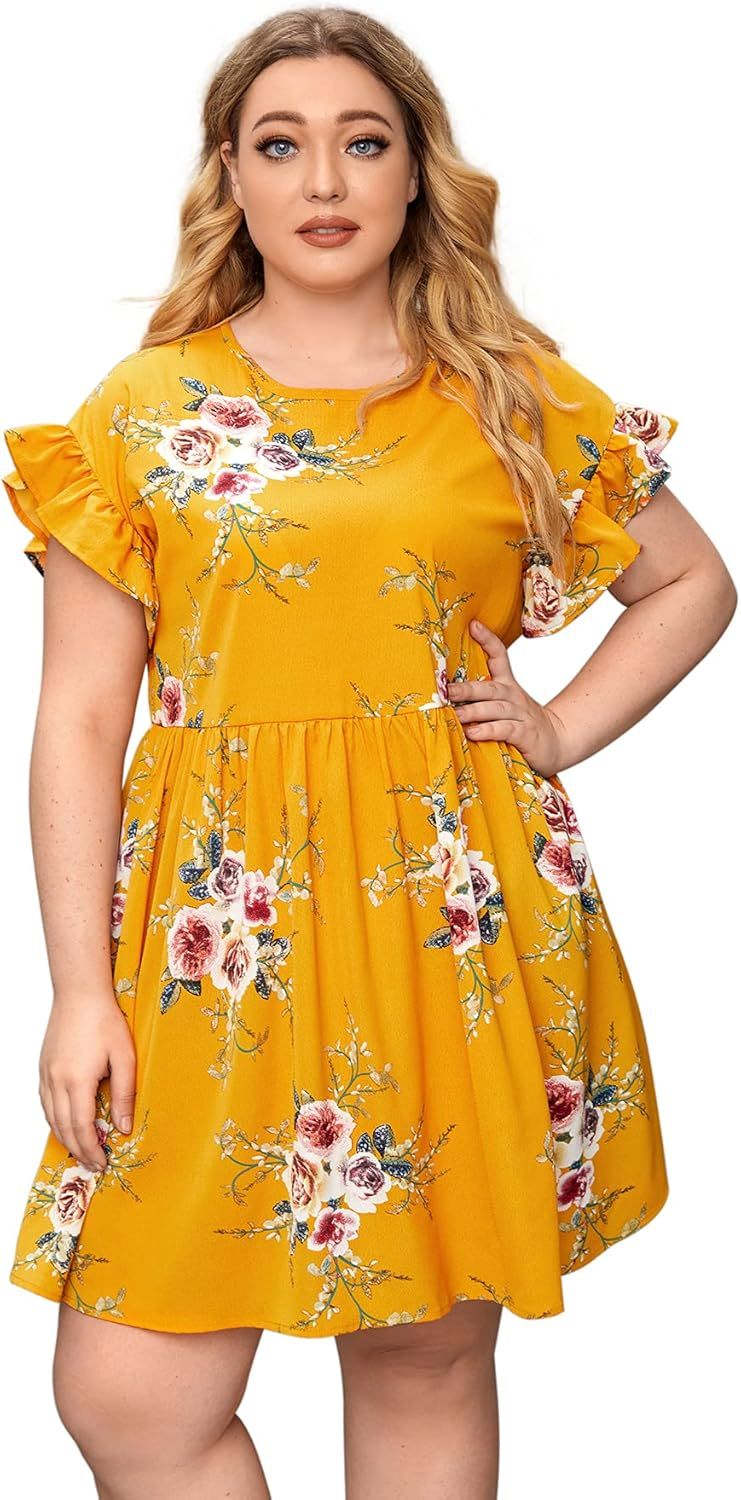 Milumia Women's Plus Size Tropical Leaf Print Ruffle Sleeve Pleated Short Dress | Amazon (US)