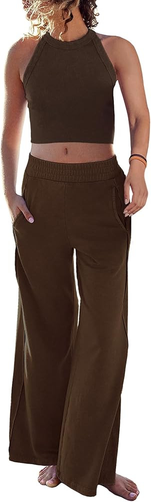 Ugerlov Women's Two Piece Summer Sets Ribbed Tank Crop Top Wide Leg Pants 2 Piece Outfits Matchin... | Amazon (US)