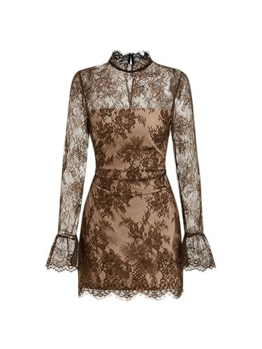 CIDER Lace Panel Mini Dress Stand Collar Long Sleeve Bodycon Women Party Middle Waist Lined Coffee | Amazon (US)