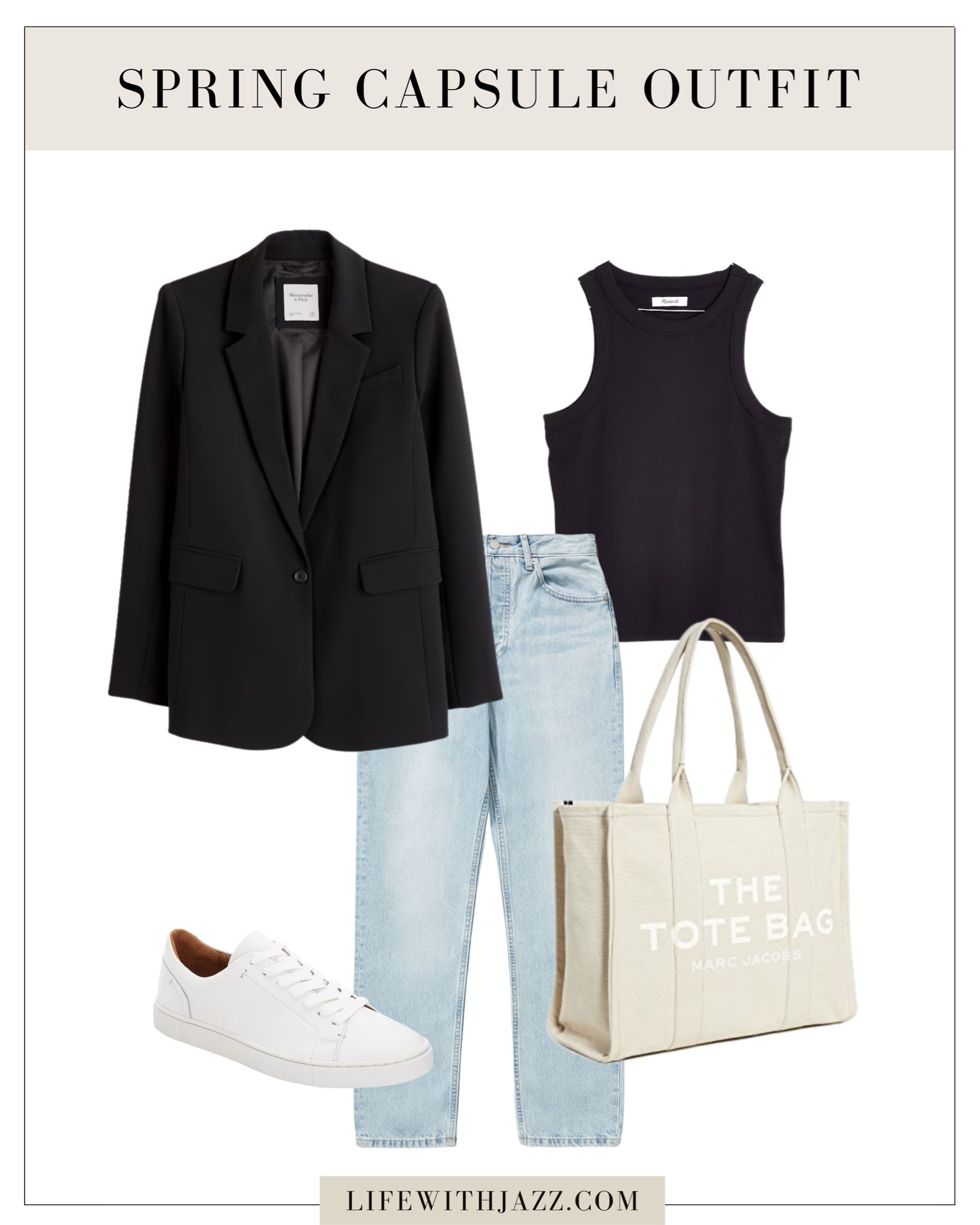 Casual spring capsule outfit 

- spring outfit inspo, spring capsule wardrobe, blazer, tank, jeans, sneakers, tote bag, casual outfit, comfy outfit

#LTKSeasonal #LTKstyletip #LTKunder100