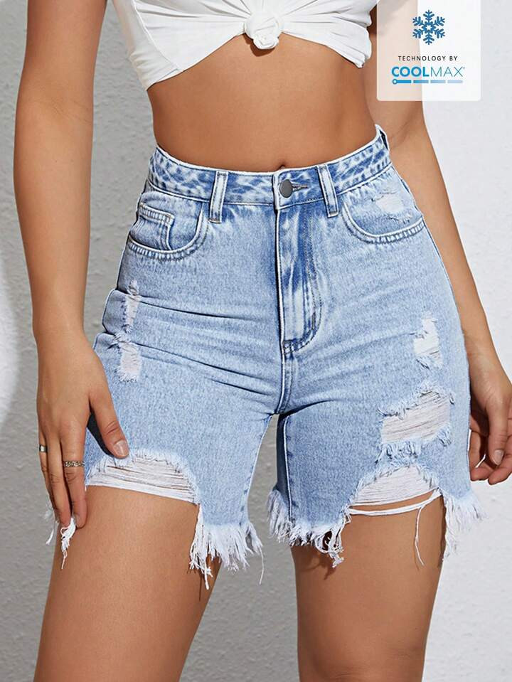 SHEIN EZwear Summer Casual Distressed Slim Fit Denim Shorts With Frayed Hem | SHEIN