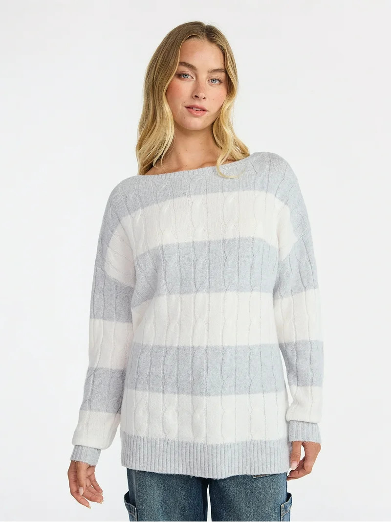 No Boundaries Boatneck Pullover Cable Knit Sweater, Lightweight, Women's | Walmart (US)