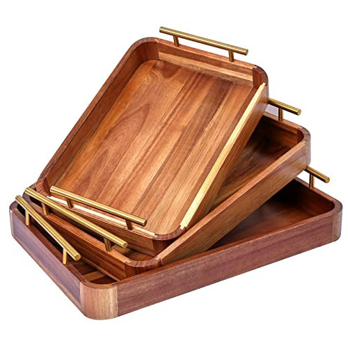 Wood Serving Tray with Handles,Decorative Tray Set of 3 with Nesting Stacking Design,Rustic Ottoman Tray for Kitchen Counter/Coffee Table/Living Room Decor,Versatile Tray for Party Picnic Barbecue | Amazon (US)