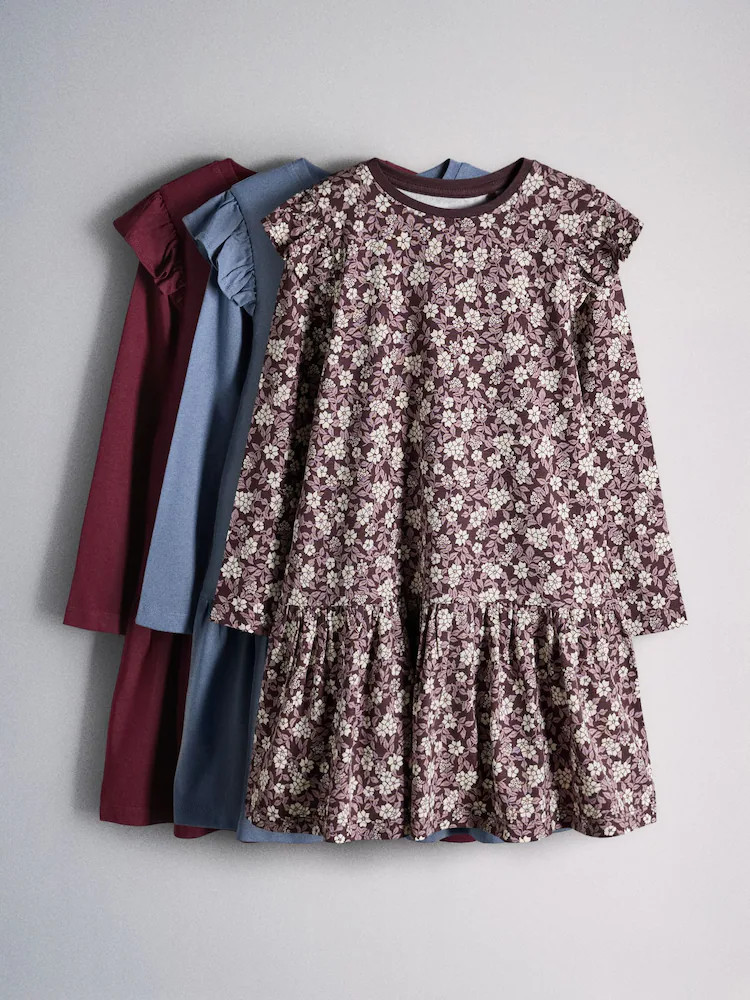 The Set 3 Pack Long Sleeve Drop Waist Jersey Dresses Purple/Pink/Grey | Next US