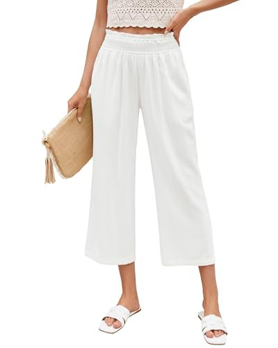 LookbookStore Capris for Women Casual Summer Comfy Pants White Linen Pants Cream White Size Large Size 12 14 | Amazon (US)