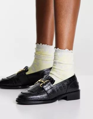 ASOS DESIGN Mortice leather fringe loafers in black croc | ASOS (Global)