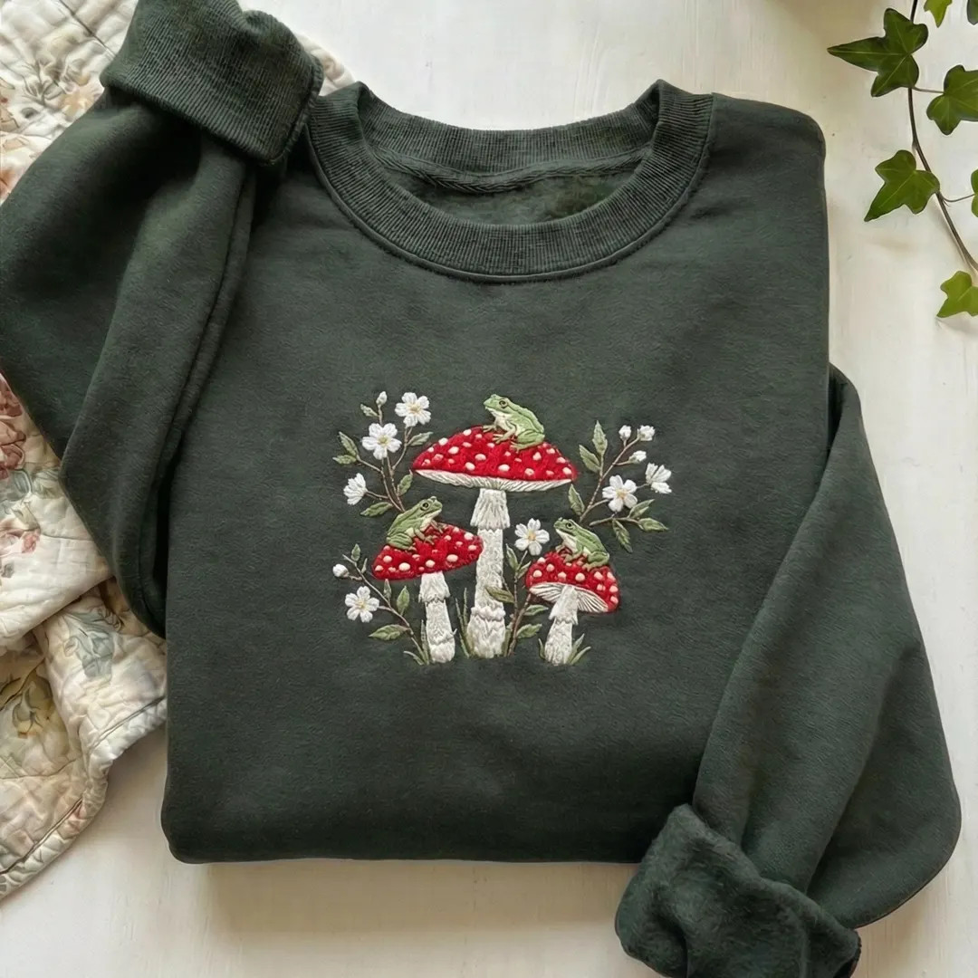 Embroidered Mushroom Sweatshirt | Cottagecore Frog Hoodie | Toad on Fungi Crewneck | Woodland Gif... | Etsy (US)