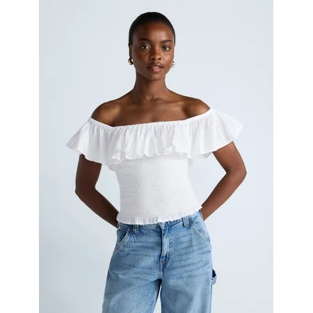 Scoop Women’s and Women’s Plus Off-the-Shoulder Smocked Ruffle Cotton Top, Sizes XS-4X | Walmart (US)