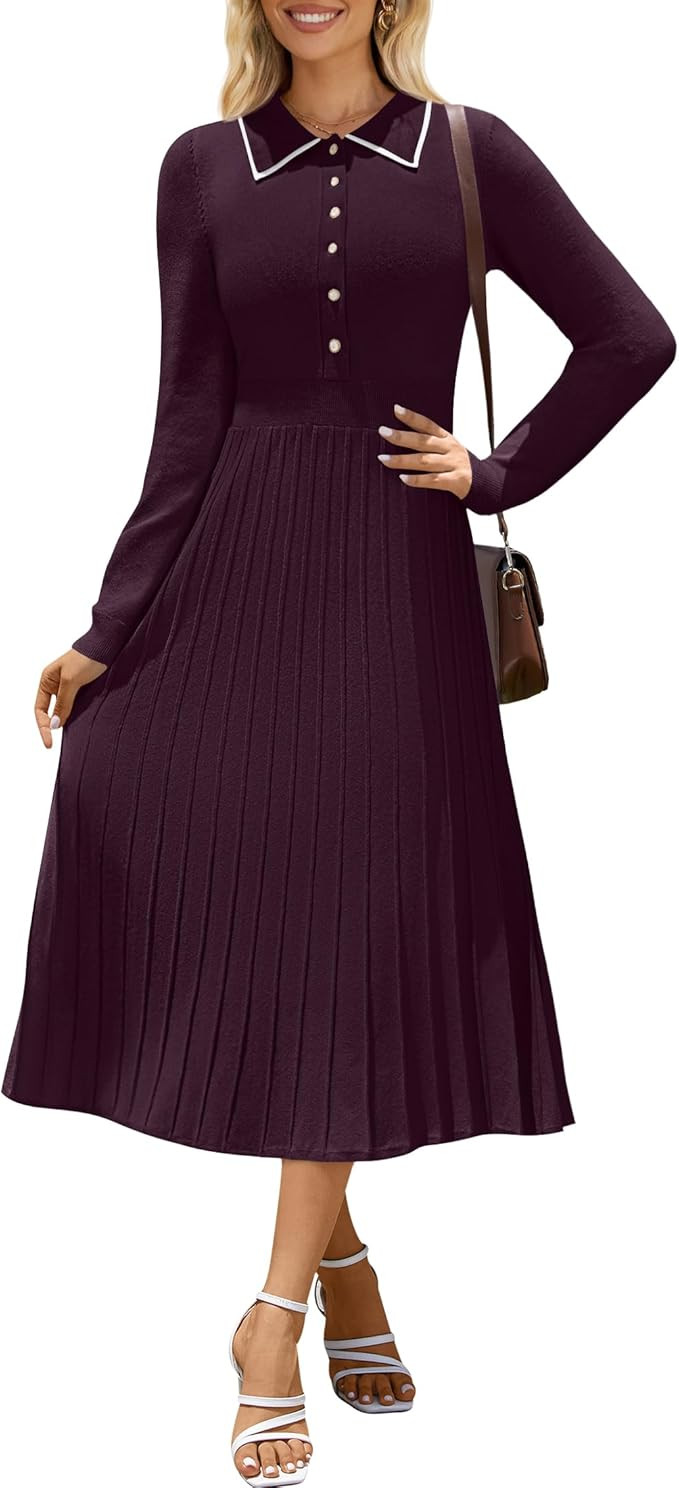 MIROL Women's Pleated Contrast Sweater Dress 2024 Fall Long Sleeve Button Lapel Collar Maxi Bodyc... | Amazon (US)