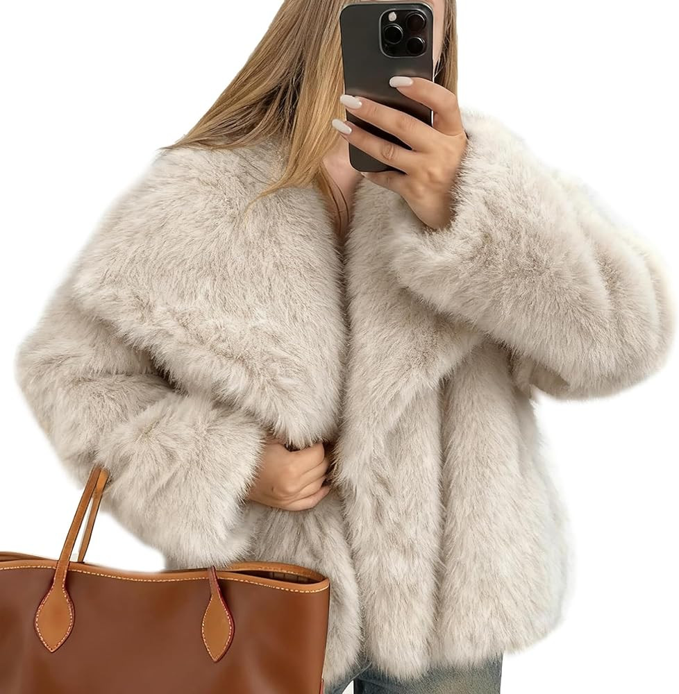 Womens Cropped Fluffy Faux Fur Coat Open Front Long Sleeve Furry Jacket with Pockets | Amazon (US)