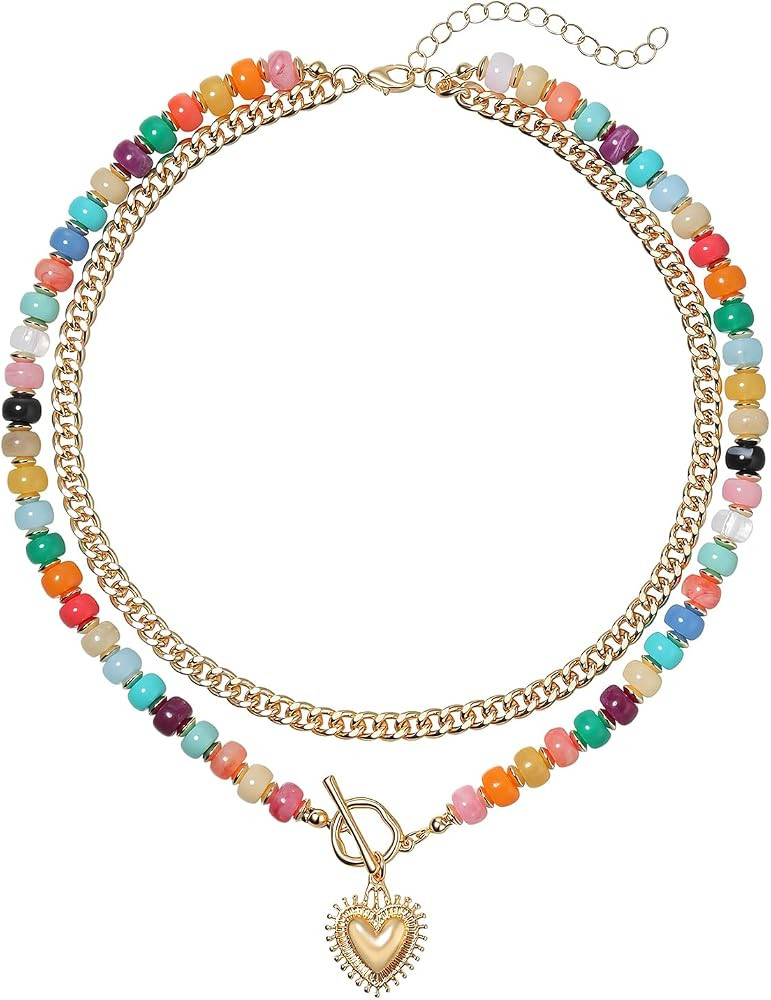 Double Layered Necklaces for Women,Colored Acrylic Beaded Choker,Gold Heart Charm Pendant, Chunky Chain Unique Stacked Necklace,Boho Summer Beach Jewelry Mulicolor | Amazon (US)