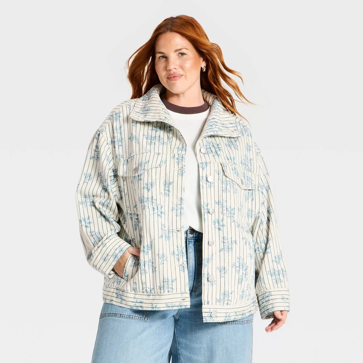 Women's Oversized Floral Striped Denim Jacket - Universal Thread\u2122 4X | Target
