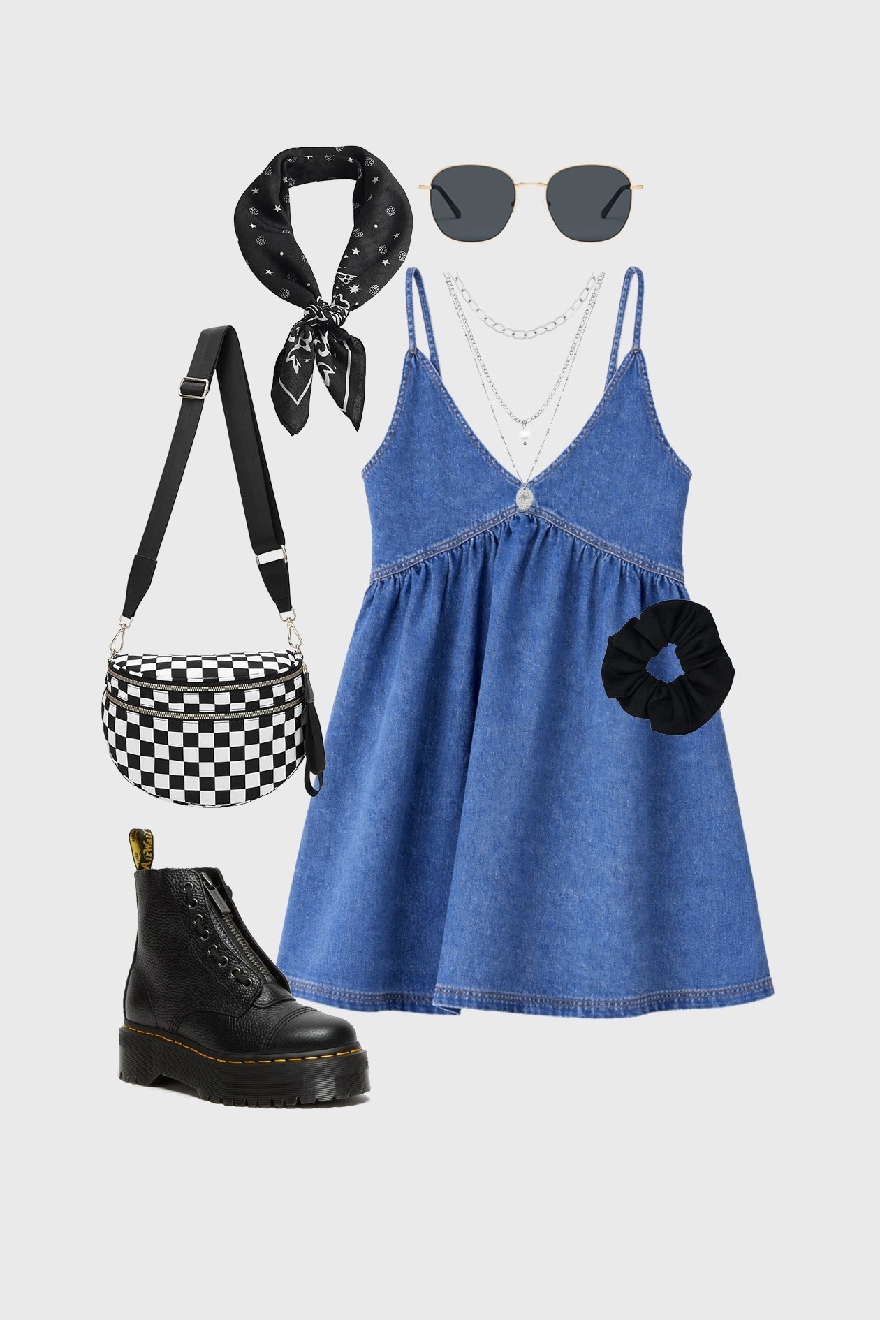 Festival outfit, denim dress,  checkerboard bag, bandana, head scarf, dr martens,

#LTKsummer #LTKuk